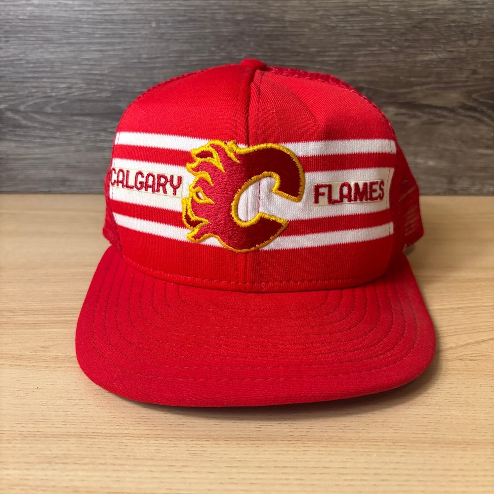 Vintage Calgary Flames Hat Snap Back NHL Hockey Super Stripe Lucky AJD USA Made